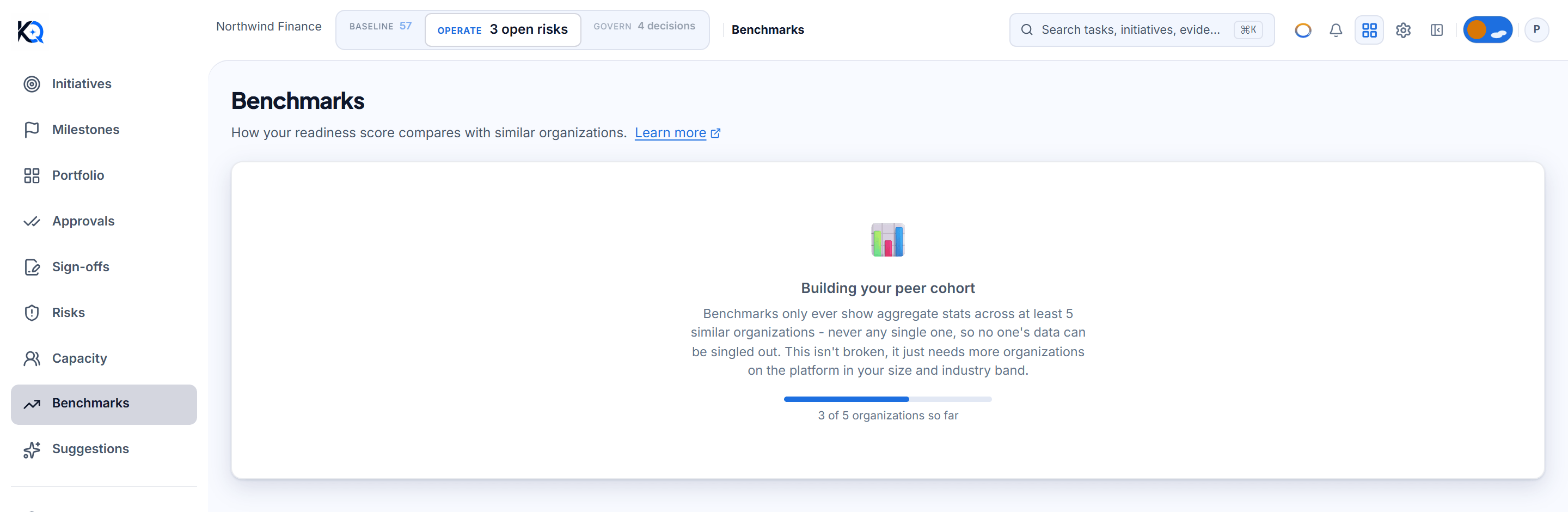 The Building your peer cohort message with a progress bar showing 3 of 5 organizations