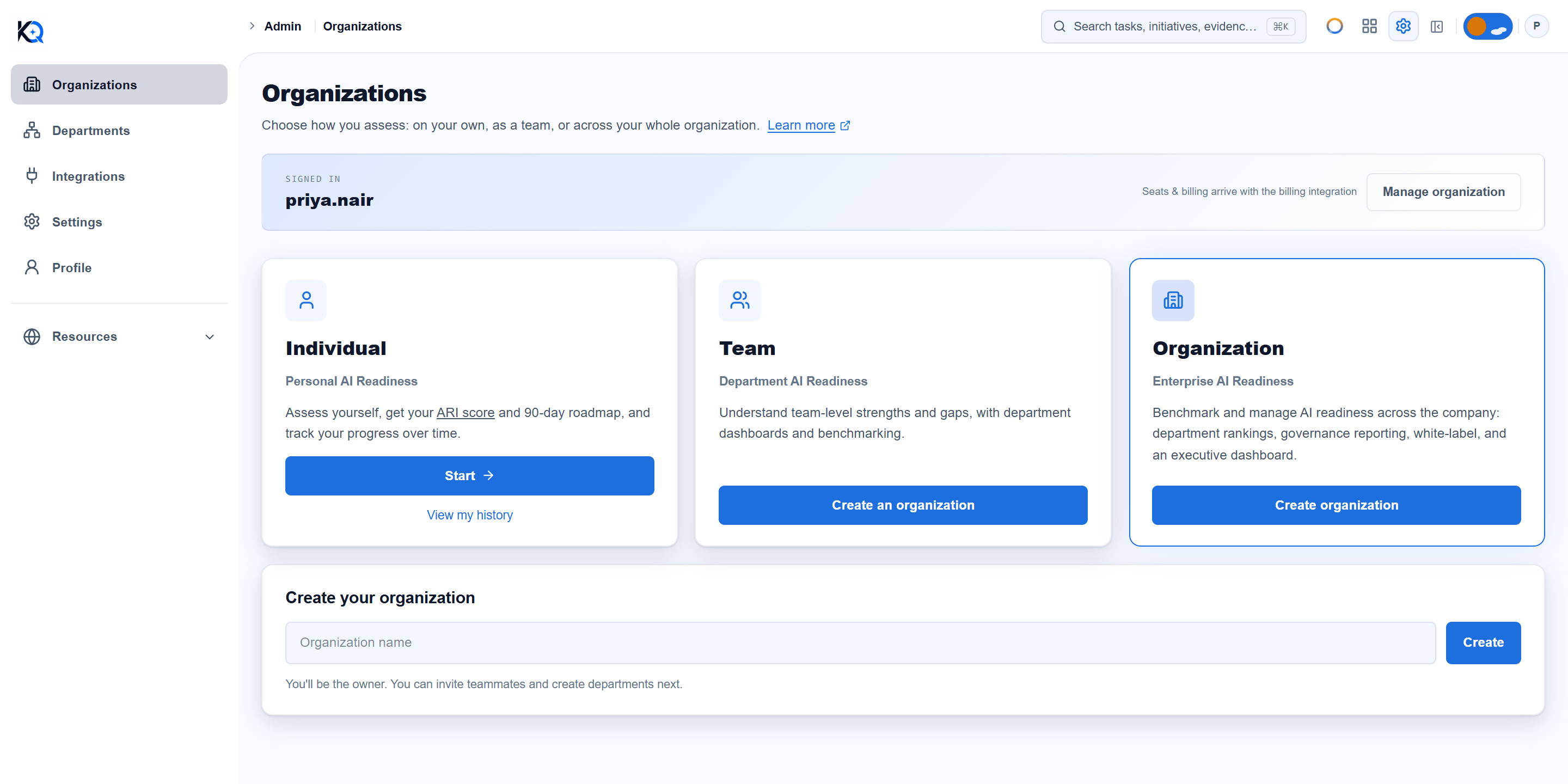 The Organizations page with three cards, Individual, Team and Organization, and the Create your organization form open below them