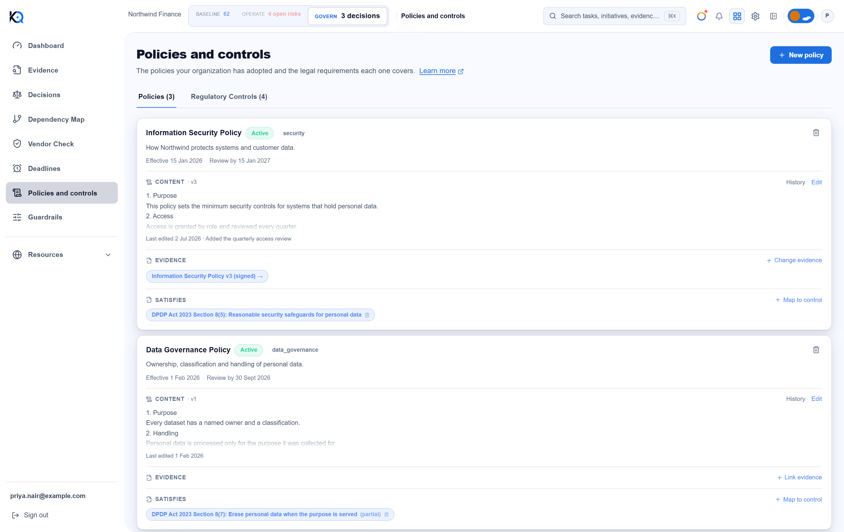 The Policies tab of Policies and controls, listing active policies with their content, linked evidence and the requirements they satisfy