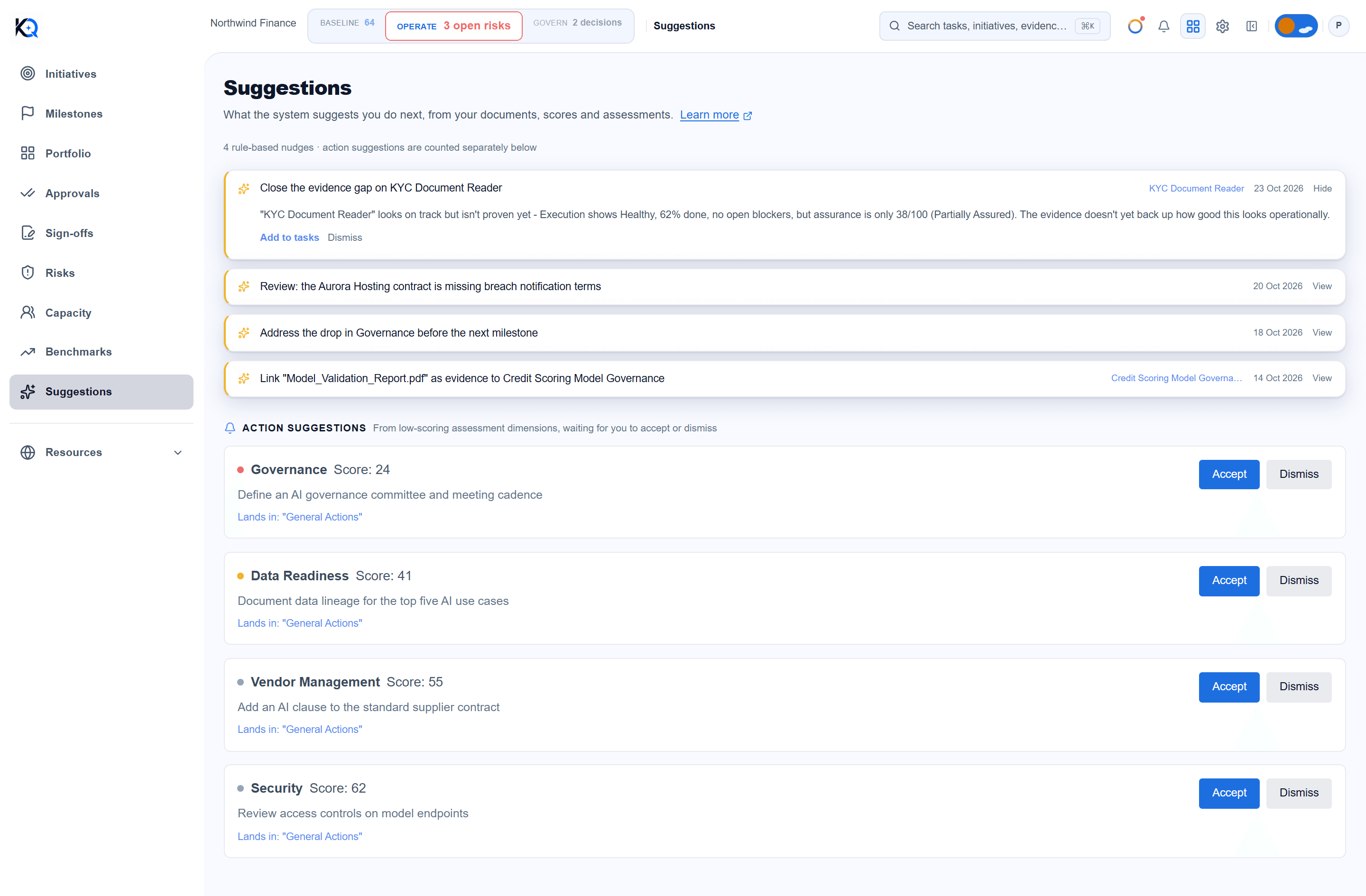 The Suggestions page with an opened suggestion showing Add to tasks and Dismiss, and the Action suggestions list below
