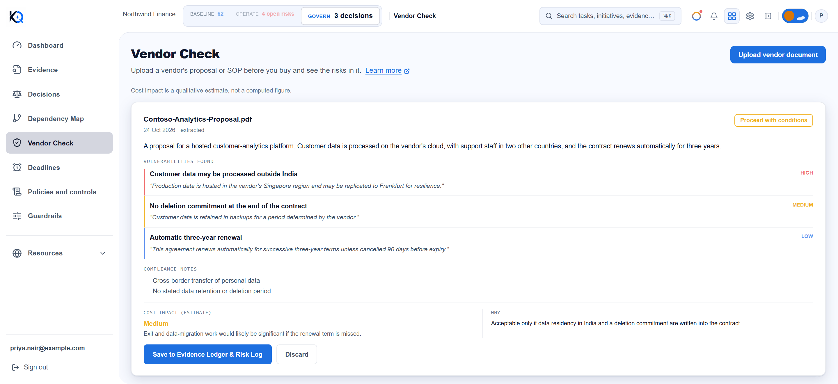 A Vendor Check result showing a summary, three concerns rated High, Medium and Low each with a quote, compliance notes, a cost impact estimate and a recommendation