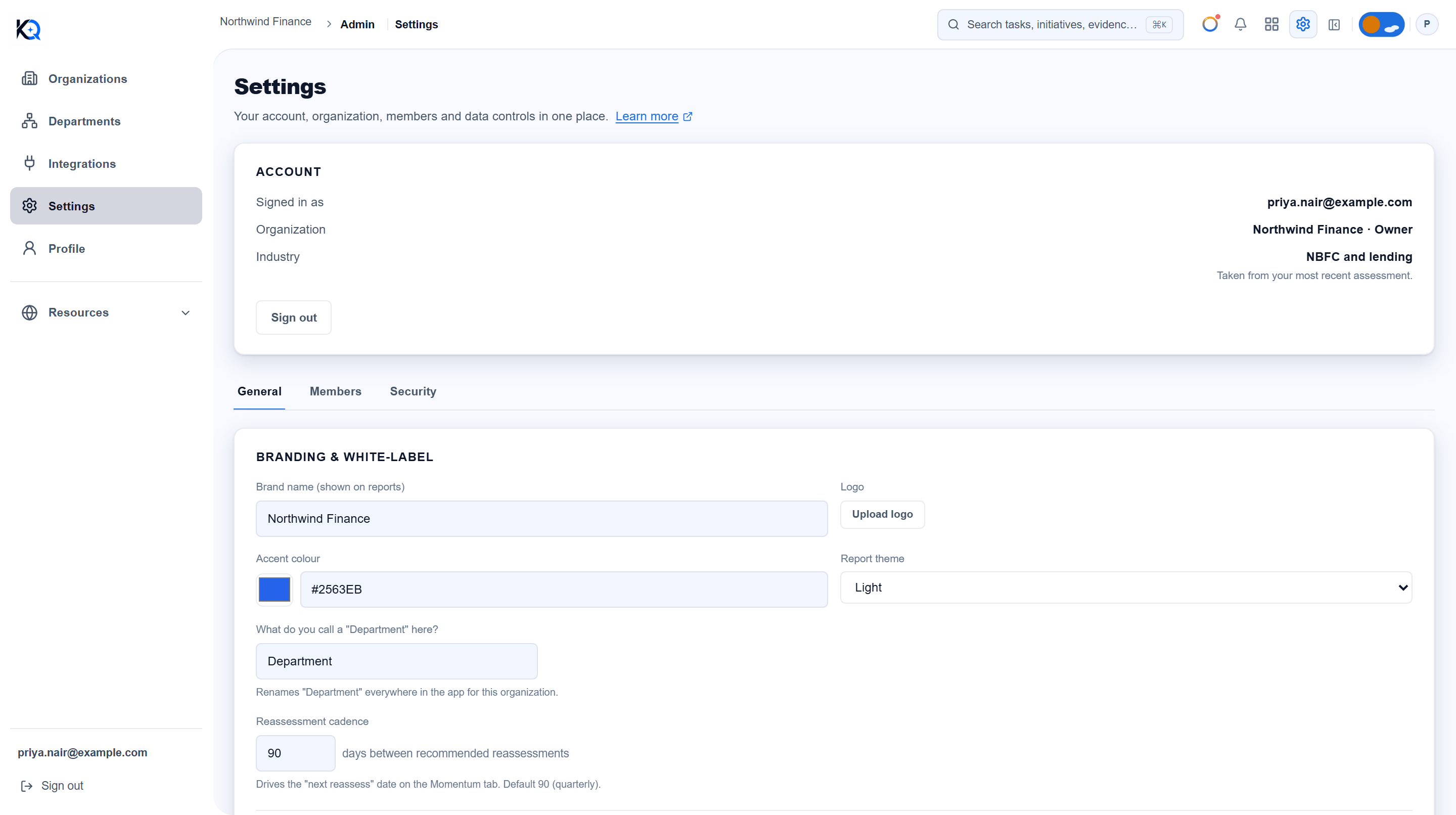 The General tab of Settings showing the Account card and the Branding and white-label form