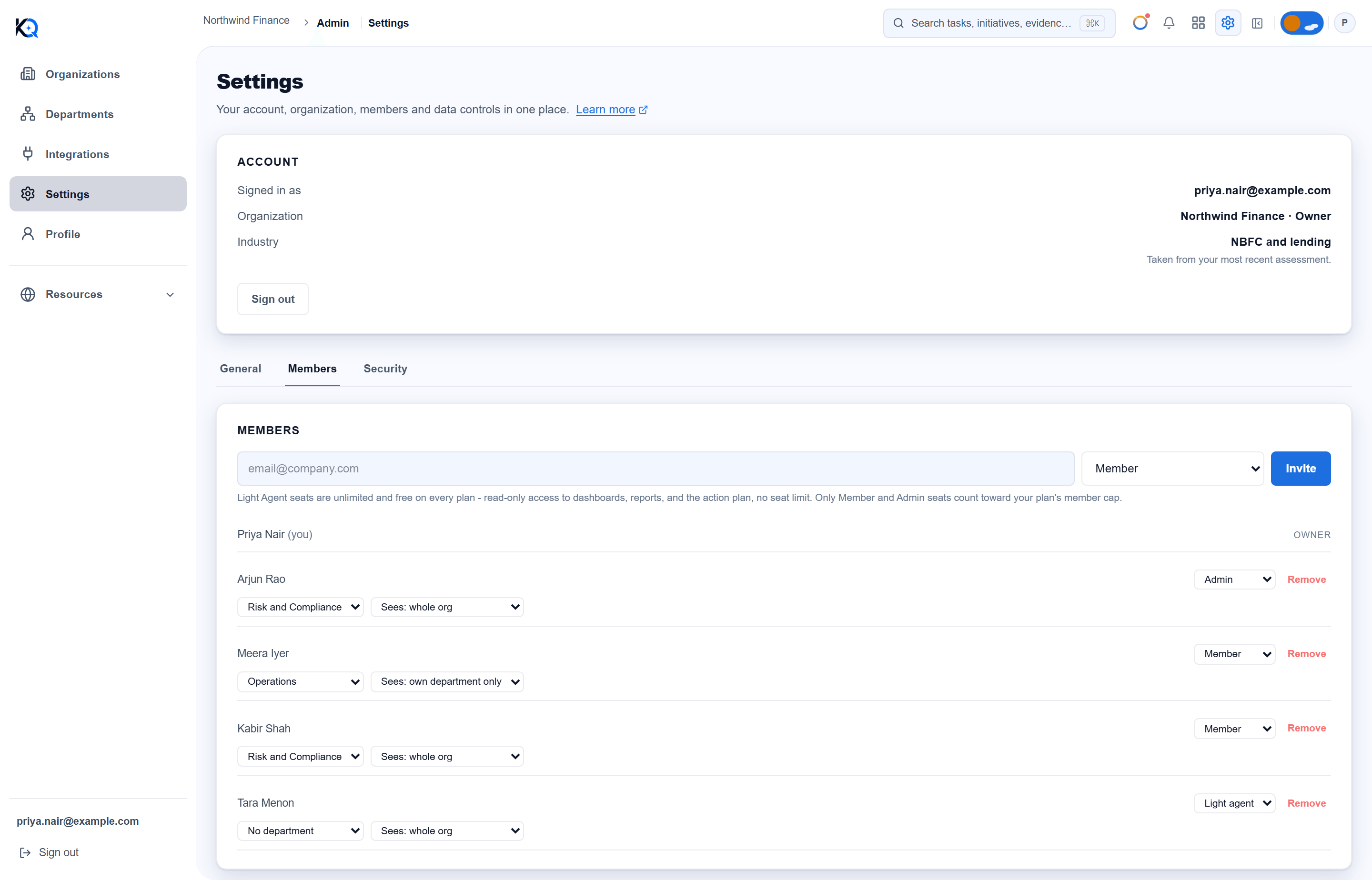 The Members tab of Settings with an invite box and a list of members with role, department and visibility drop-downs