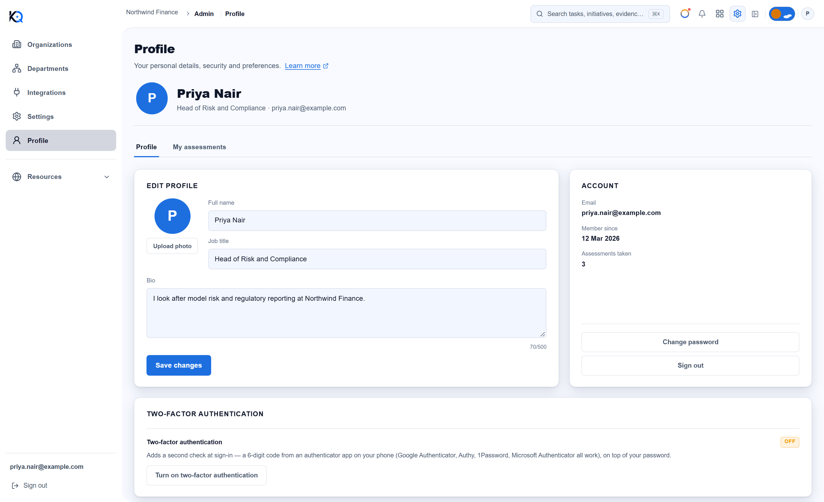 The Profile page with the Edit profile form, the Account card and the Two-factor authentication card