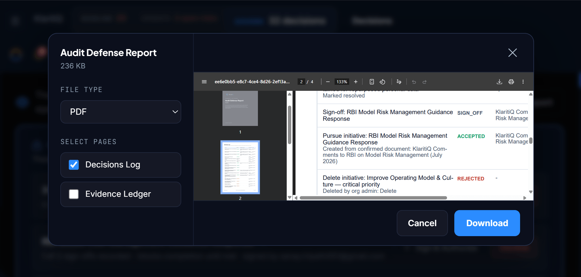 KlaritiQ Export Audit Defense Report dialog with a live PDF preview of the Decisions Log and Evidence Ledger