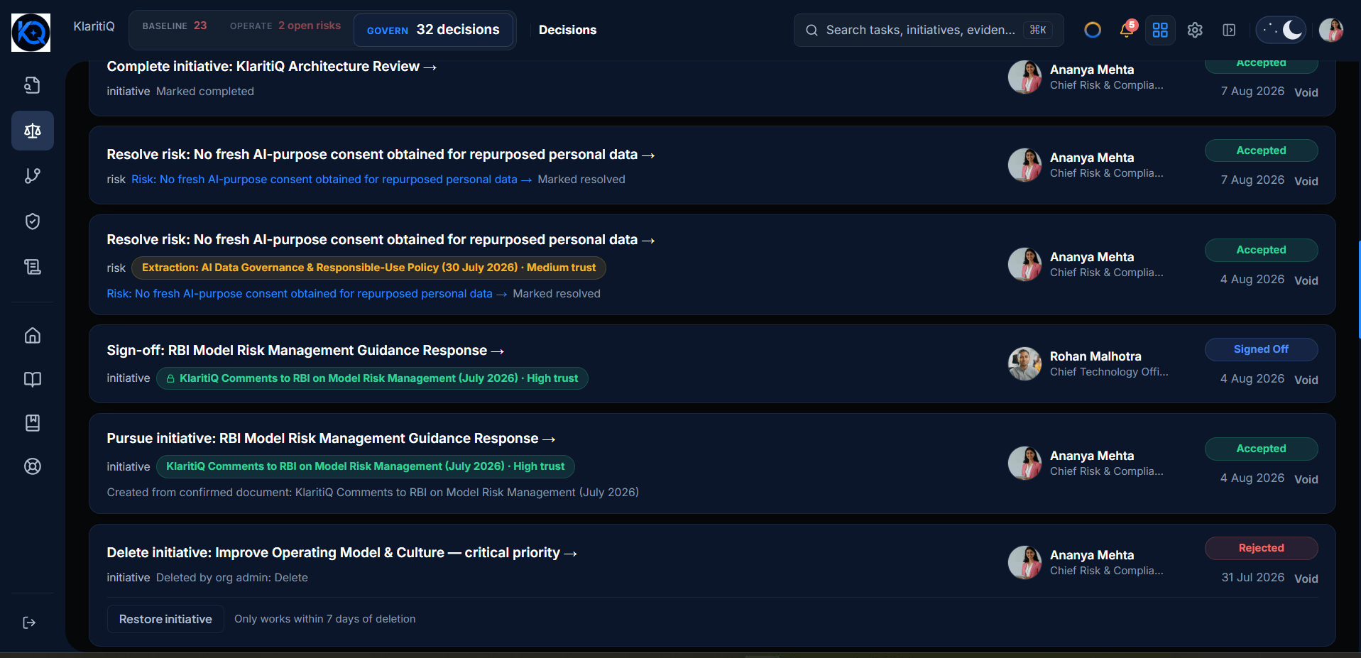 KlaritiQ Decisions Log showing resolved risks and signed-off initiatives, each with its owner, evidence citation, status, and date