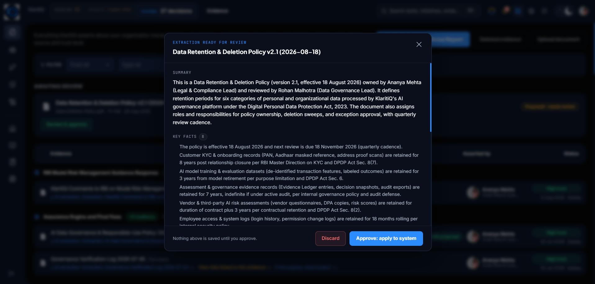 KlaritiQ extraction review modal for a Data Retention & Deletion Policy, showing the AI-generated summary and key facts pending human approval, with Discard and Approve actions