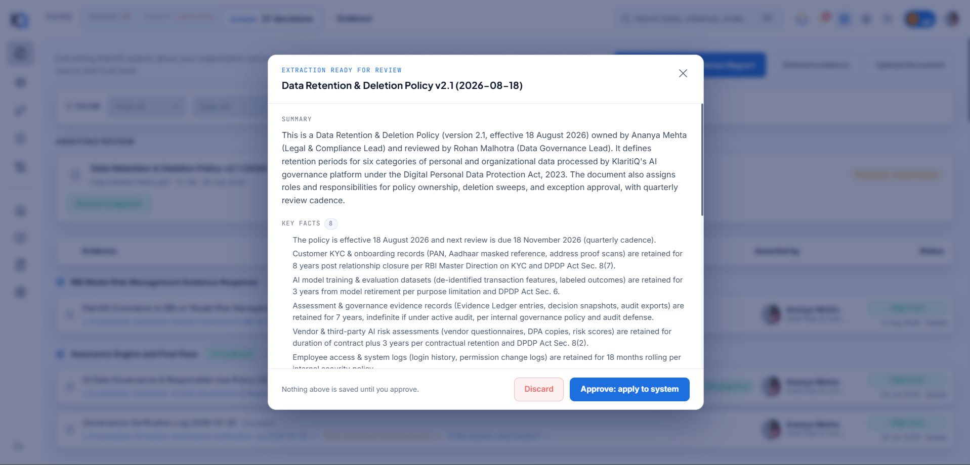 KlaritiQ extraction review modal for a Data Retention & Deletion Policy, showing the AI-generated summary and key facts pending human approval, with Discard and Approve actions