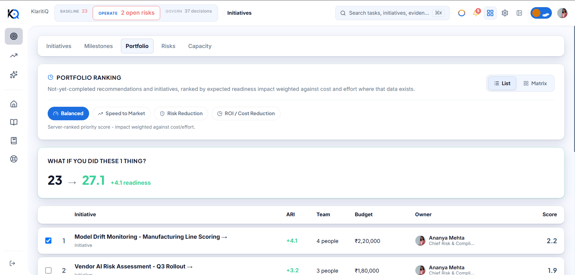 KlaritiQ Portfolio What-If panel showing the projected readiness score climbing from 23 to 27.1 after selecting one initiative