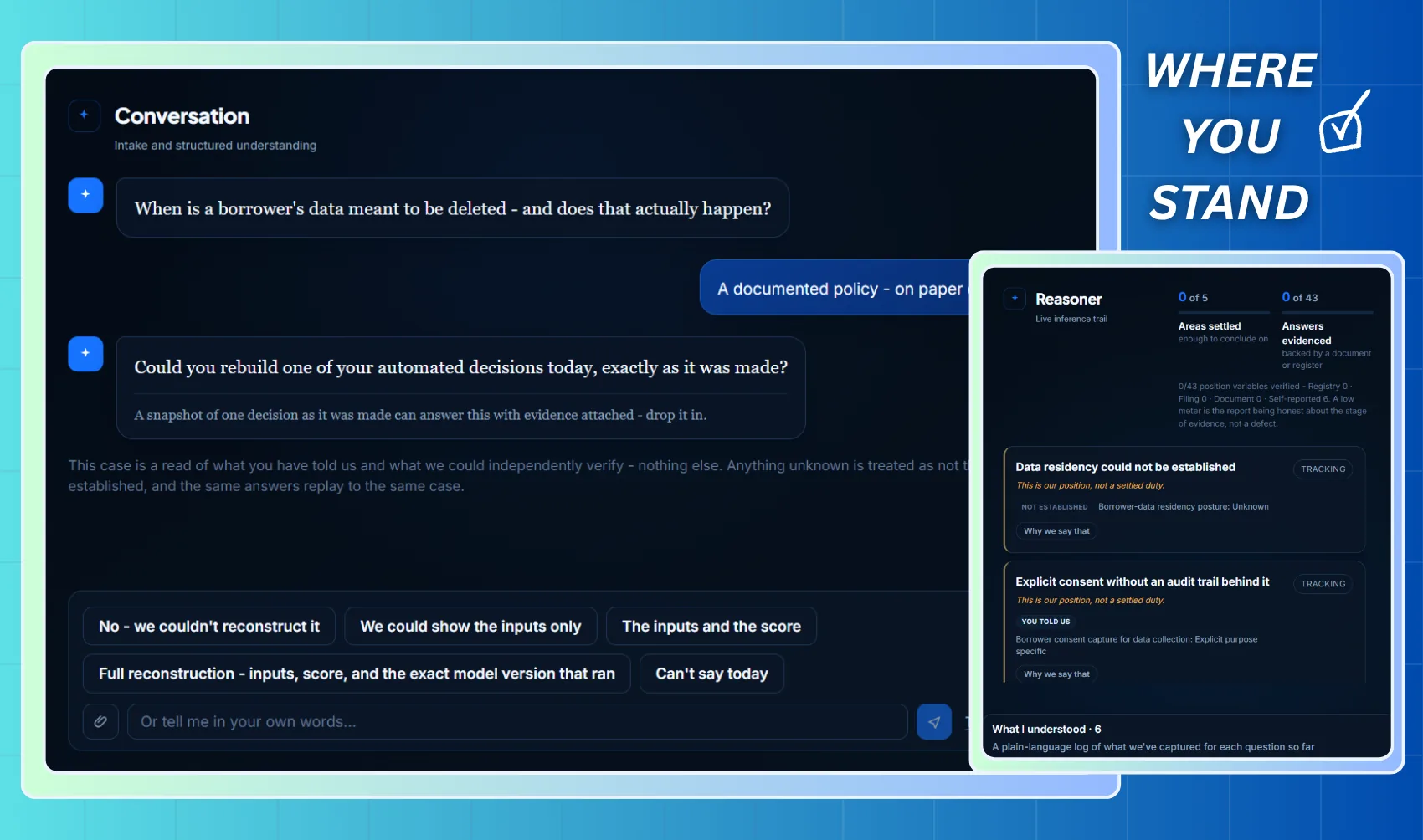 KlaritiQ Case Window showing a structured intake conversation next to its live, evidence-backed reasoning trail