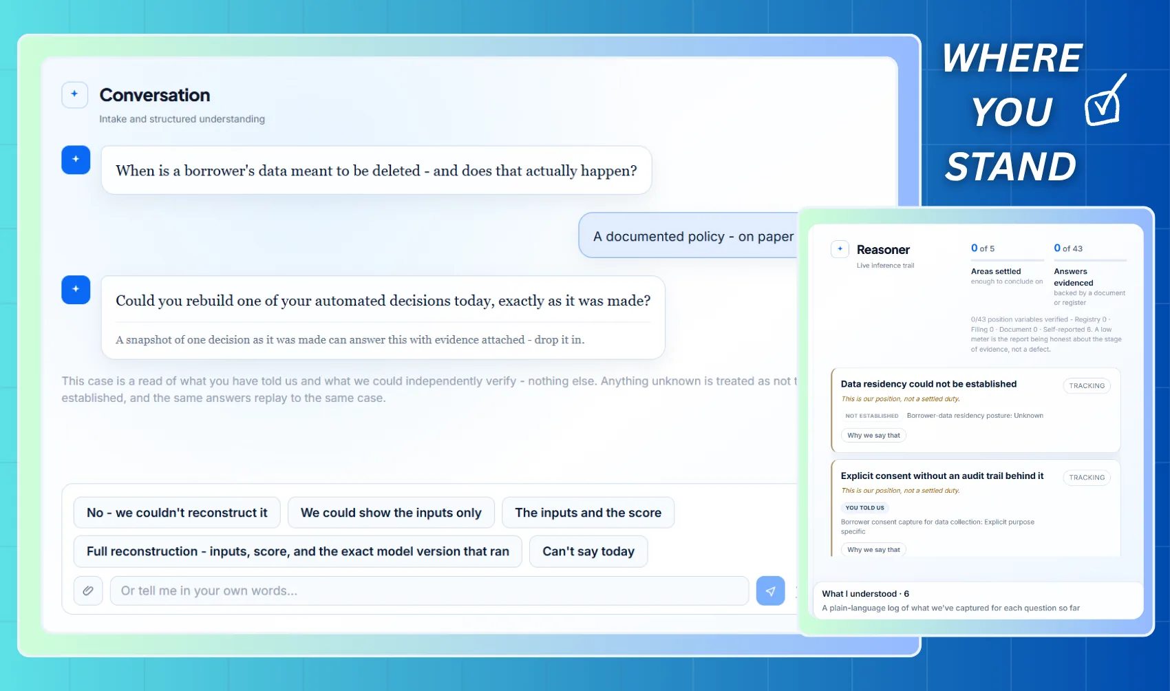 KlaritiQ Case Window showing a structured intake conversation next to its live, evidence-backed reasoning trail